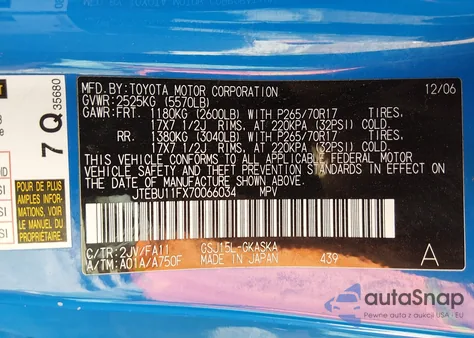 2007 Toyota Fj Cruiser z USA, uszkodzony, nr VIN JTEBU11FX70066034
